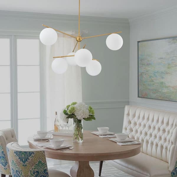 Ceder 6-Light 43.3 in.W Brushed Gold Chandelier Mid-Century Sputnik Dining Room Chandelier with Frosted Opal Glass Globe