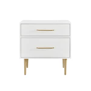 Winslett Glam White Wood 2 Drawer Night Stand with Gold Hardware