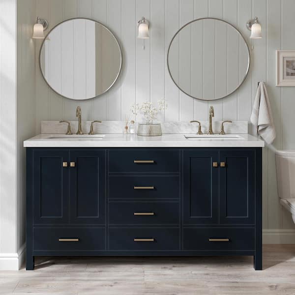 ARIEL Cambridge 67 in.W x 22 in.D x 36 in.H Double Bath Vanity in Midnight Blue with Carrara White Marble Top with White Basin