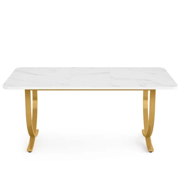 Halseey Rectangular White and Gold Marble Tabletop 63 in. Metal Legs Dining Table for 4-6 People