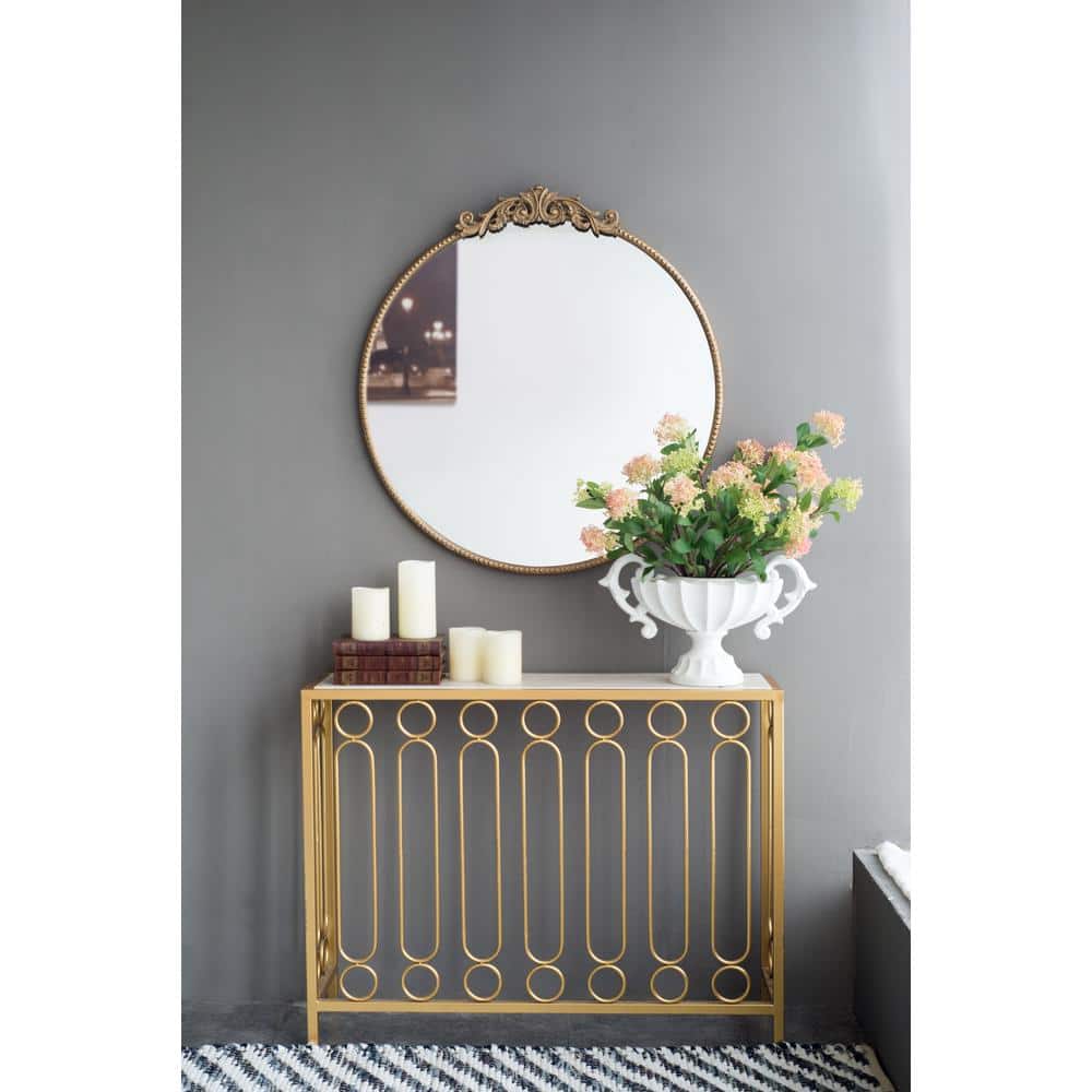 Round Gold Baroque-Inspired Mirror with Silver Detailing