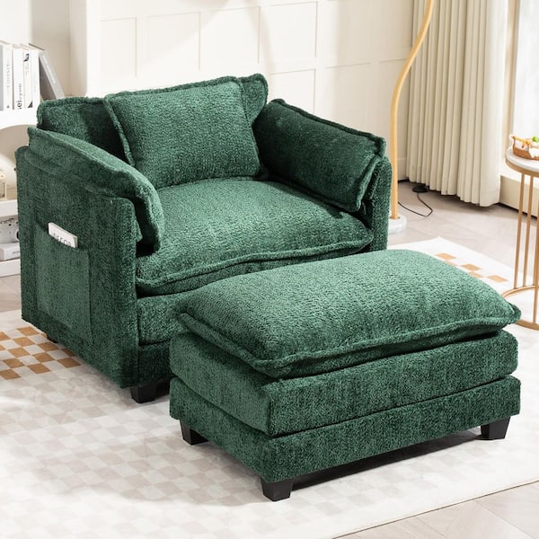 Declan 39.8 in. Dark Green Rectangle Boucle Upholstered Accent Armchair with Large Seat and Ottoman for Living Room