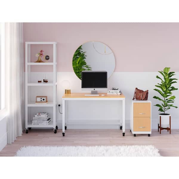 18 in. D 2-Drawer Metal Letter Width 14.25 in. W Mobile Vertical File Cabinet w/ Wood Pattern Front, Prl Wht/Plat Oak
