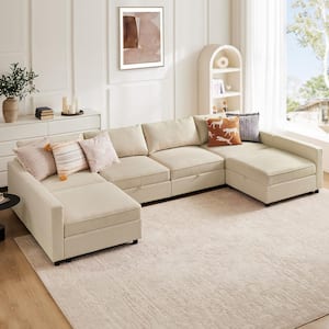 127 in. Rectangle Arm 6-Seat Fabric Storage Convertible Sectional Sofa set in Beige