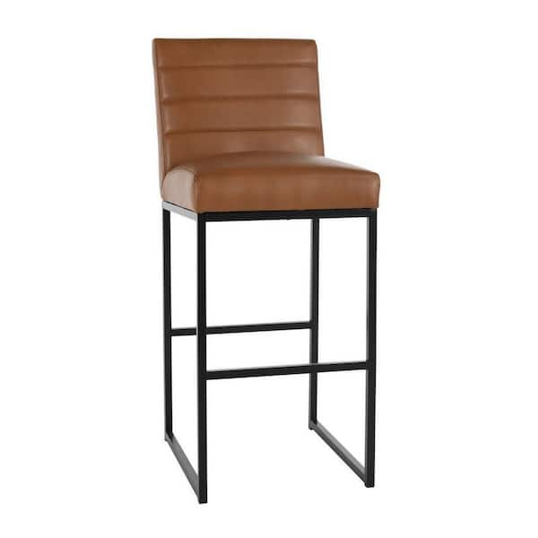 Benjara Vinn 30 in. Brown High Back Metal Frame Tufted Bar Stool with Vegan Faux Leather Seat