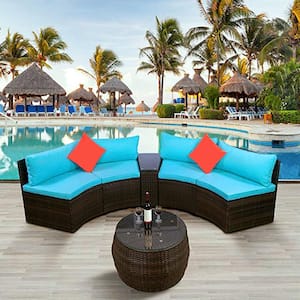 Brown PE Wicker Rattan 4-Piece Outdoor Half-Moon Sectional Furniture Patio Sofa Set with Pillows, Table & Blue Cushions