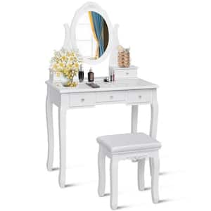 31.5 in. W x 16 in. D x 56 in. H White 5-Drawers Bedroom Wooden Mirrored Makeup Vanity Set Stool Table Set