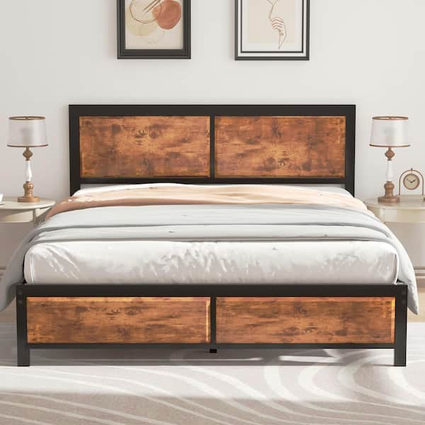 VECELO Full Size Platform Metal Bed Frame with Wooden Headboard and Footboard，Rustic Country Style Bed Frame，56.6"W，Brown