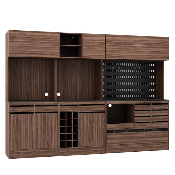 FUFU&GAGA Walnut Color Wood 110.2 in. W Buffet Kitchen Pantry