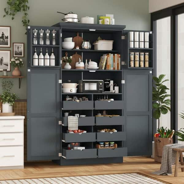 35.5 in. W x 17.6 in. D x 70.9 in. H Freestanding Wood Kitchen Pantry Cupboard in Gray with 4-Door and 8-Pull-Out Trays