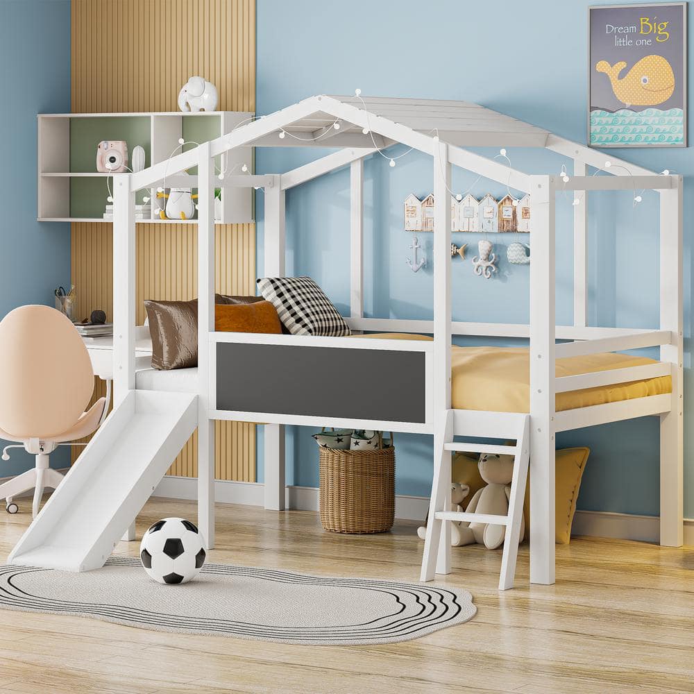 White Wood Frame Twin Size House Loft Bed with Slide, Blackboard and Light Strip on the Roof price history on PriceWatchPro