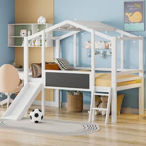 White Wood Frame Twin Size House Loft Bed with Slide, Blackboard and Light Strip on the Roof