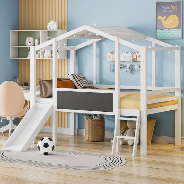 Harper & Bright Designs White Wood Frame Twin Size House Loft Bed with Slide, Blackboard and Light Strip on the Roof