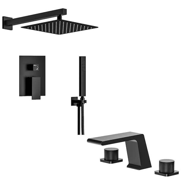YAWWALK 2-Spray 10 in. Wall Mount Dual Fixed and Handheld Shower Head with 8 in. Basin Faucet Set 1.8 GPM in Matte Black