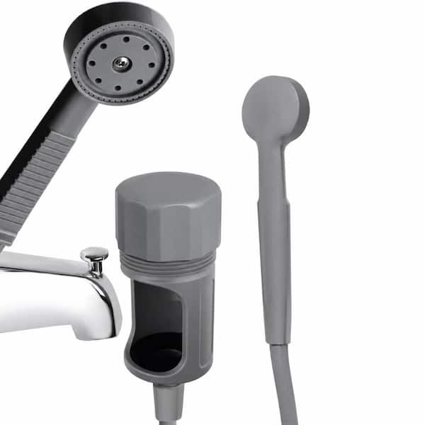 Portable Tub Spout Shower Attachment with Handheld Shower, Hose and Brass Diverter Valve in Cold Gray