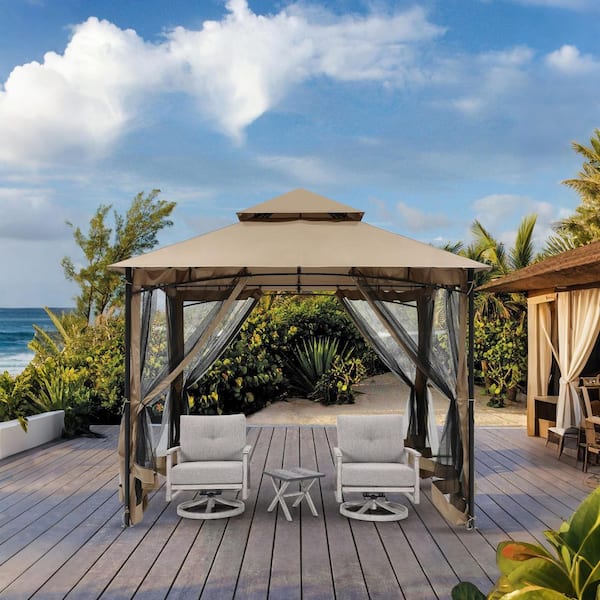 10 x 10 ft. Outdoor Patio Gazebo, Steel Frame Patio Gazebos with Double Roofs, Mosquito Netting, Sand Khaki