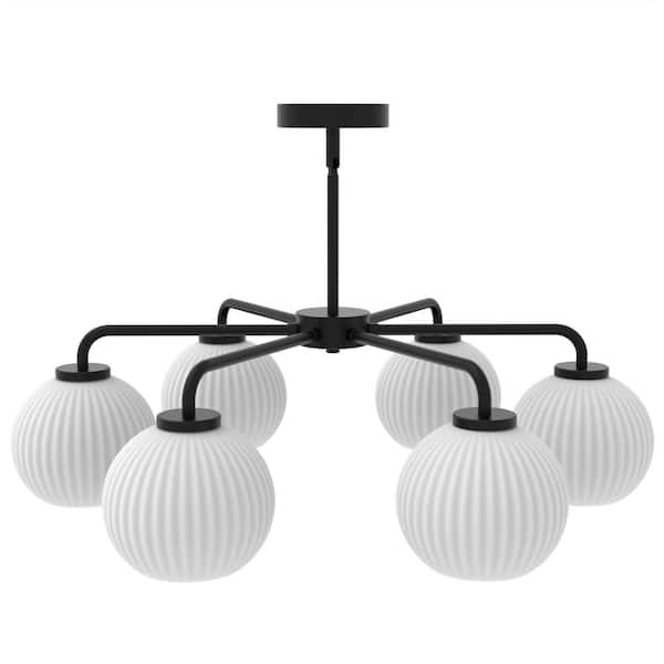 28 in. 6-Light Black Modern Semi-Flush Mount Pendant Lighting, Adjustable Height with Glass Shades for Dining Room