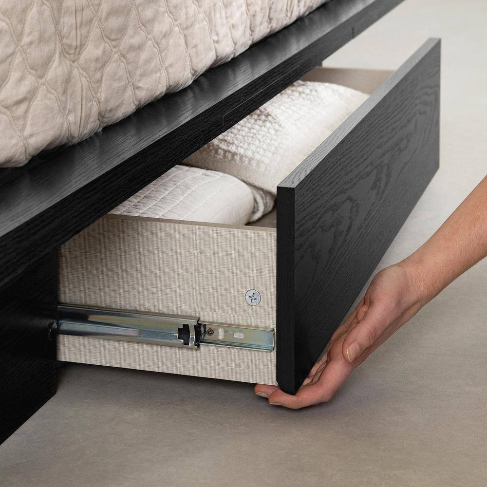 Black Oak Queen Platform Bed with Upholstered Headboard and Drawer