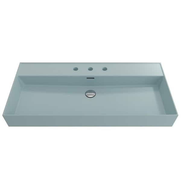 BOCCHI Milano 39.75 in. 3-Hole Matte Ice Blue Fireclay Rectangular Wall-Mounted Bathroom Sink with Overflow