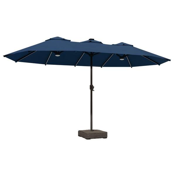 15 ft. Rectangule Outdoor Double Sided Market Patio Umbrella in Dark Blue with Base and RGB Lights for Poolside Lawn
