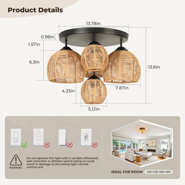 TOZING 13.78 in. 5-Light Black Modern Semi-Flush Mount Ceiling