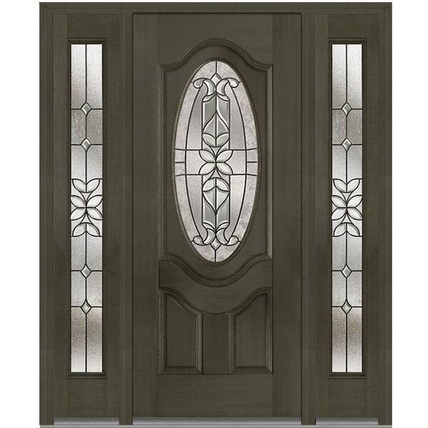 MMI Door 64 in. x 80 in. Cadence Left-Hand Oval Lite Decorative Stained Fiberglass Mahogany Prehung Front Door with Sidelites