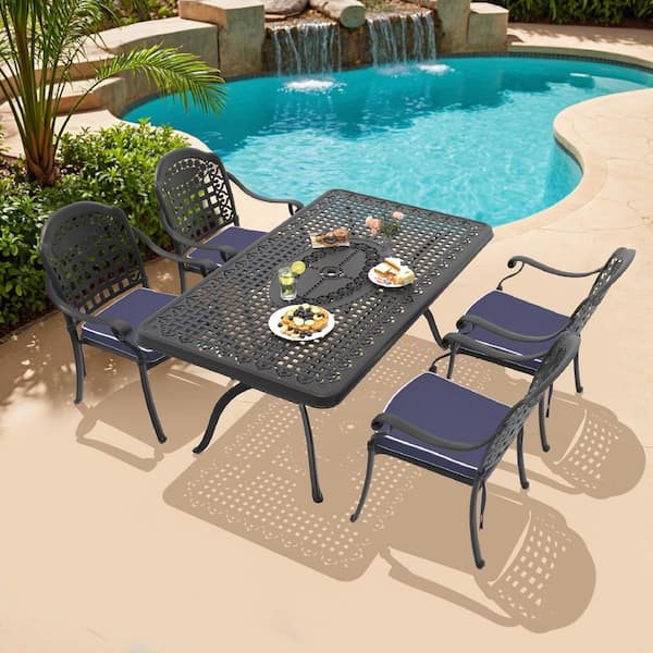 Isabella Black 5-Piece Cast Aluminum Outdoor Dining Set with Rectangle Table and Dining Chairs and Random Color Cushion