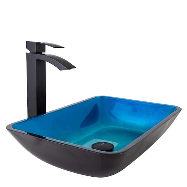 VIGO Glass Rectangular Vessel Bathroom Sink in Turquoise Blue with Duris Faucet and Pop-Up Drain in Matte Black