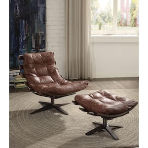 Gandy Retro Brown Top Grain Leather 2-Piece Chair and Ottoman