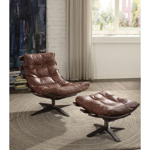 Gandy Retro Brown Top Grain Leather 2-Piece Chair and Ottoman