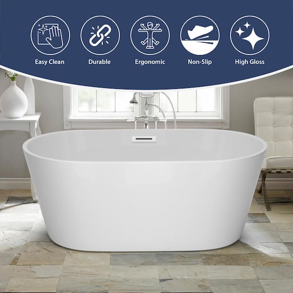 59 in. x 29 in. Acrylic Flatbottom Alcove Freestanding Soaking Bathtub in White