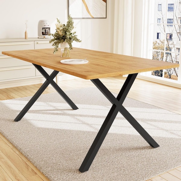 63 in. Farmhouse Oak MDF Metal Legs Dining Table Rectangular Kitchen Table for 4-6 People