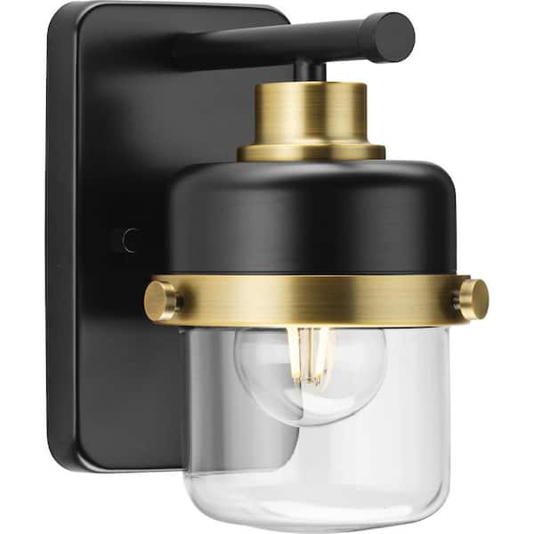 Progress Lighting Beckner Collection 5 in. 1-Light Matte Black Clear Glass Urban Industrial Vanity Light with Vintage Brass Accents