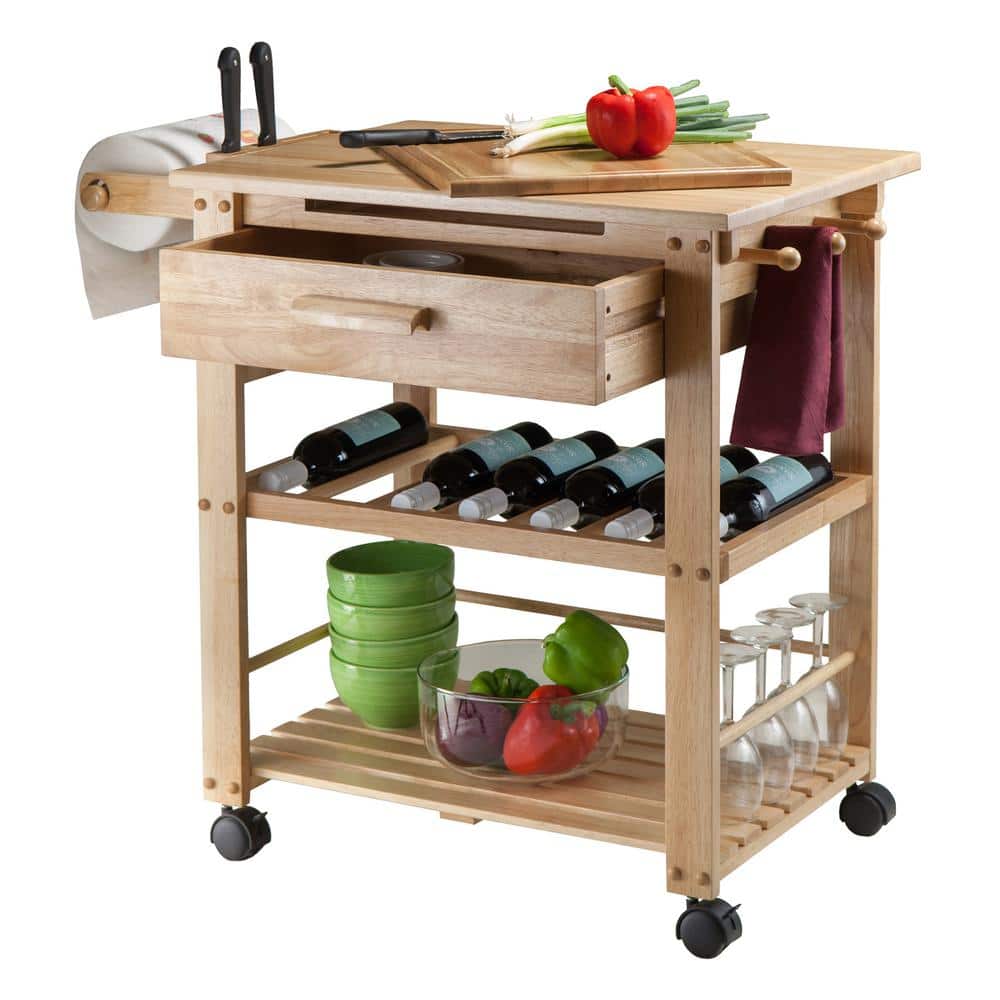 Transitional Brown Wood Kitchen Cart with Wine Storage and Knife Block