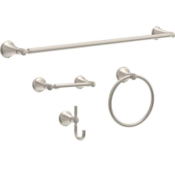 Lorna 4-Piece Bath Hardware Set with 24 in. Towel Bar,Toilet Paper Holder, Towel Ring, Hook in SpotShield Brushed Nickel