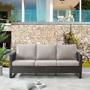 U-Shaped Foot 3-Seat Brown Wicker Outdoor Patio Couch with Beige Cushions