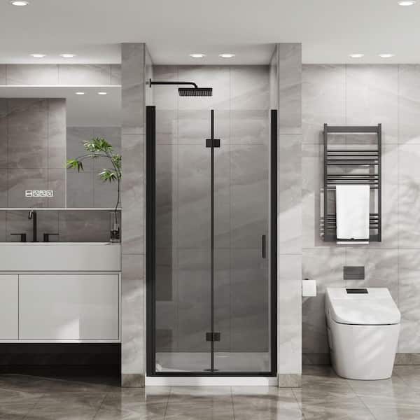 WELLFOR 34 in. W x 72 in. H Bifold Frameless Shower Door with Tempered Clear Glass in Black, with White Acrylic Shower Base