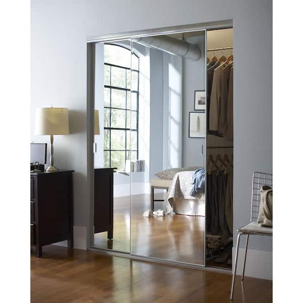 Contractors Wardrobe 59 in. x 80-1/2 in. Trim Line Bright Clear Aluminum Frame Beveled Mirror Interior Sliding Closet Door