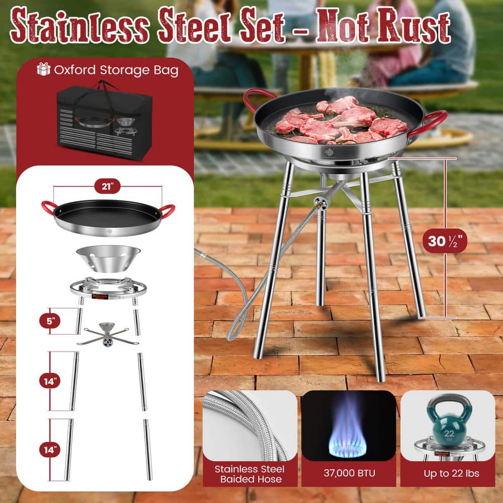 21-Inch Non-Stick Stainless Steel Paella Pan Set with Burner and Stand