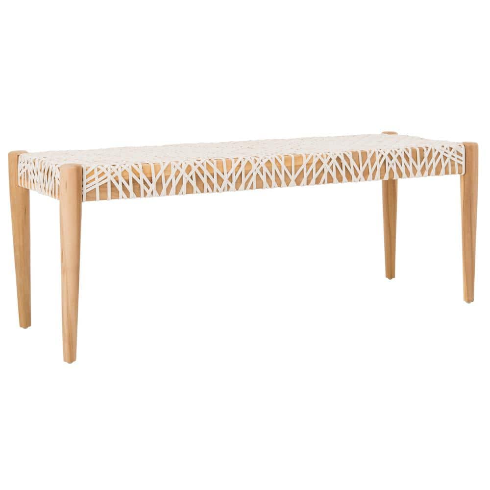 Transitional Natural Teak & Brown Leather Weave Bench, 47"