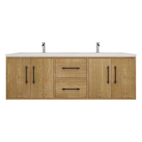 Victoria 59 in. W x 20 in. D x 22 in. H Double Sink Floating Bath Vanity in Oak with White Acrylic Top