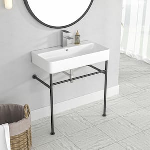 32 in. Ceramic Console Sink White Single Basin with Black Legs and Overflow