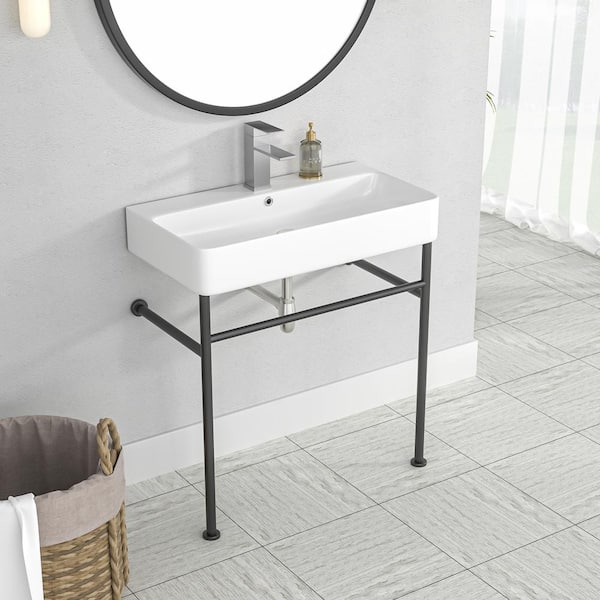 Logmey 32 in. Ceramic Console Sink White Single Basin with Black Legs and Overflow