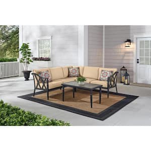 Harmony Hill 3-Piece Black Steel Outdoor Patio Sectional Sofa with Sunbrella Beige Tan Cushions