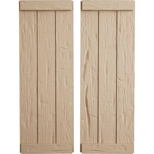 Ekena Millwork 16.5 in. x 30 in. Timberthane Polyurethane 3-Board Joined Hand Hewn Faux Wood Board-n-Batten Shutters, End Batten Pair