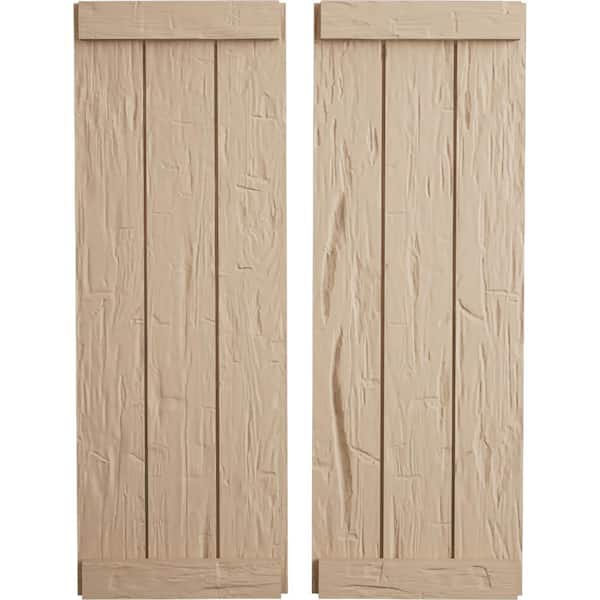 Ekena Millwork 16.5 in. x 80 in. Timberthane Polyurethane 3-Board Joined Board-n-Batten Hand Hewn Faux Wood Shutters, End Batten Pair