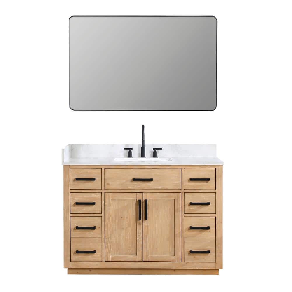Gavino 48" Light Brown Wood Vanity with Mirror and Stone Top