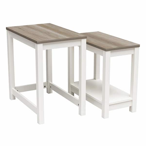 Keates Rectangle Accent Nesting Table 2-Piece Set, White with Brown Oak Top