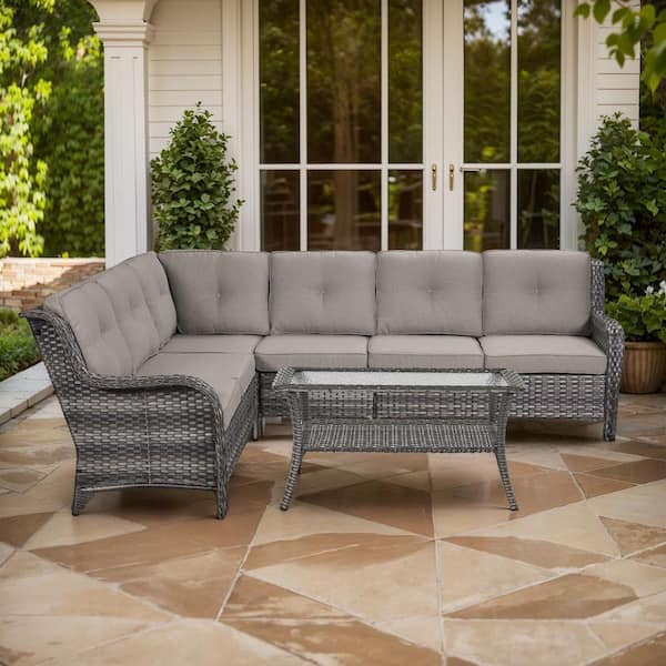 Arcline 3-Piece Gray Wicker Patio Conversation Set with Olefin Gray Cushions/L-Shaped Sofa and Coffee Table