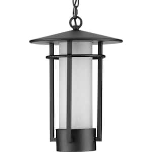 Exton Collection 1-Light Textured Black Etched Seeded Glass Modern Outdoor Pendant Hanging Light